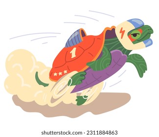 Vector illustration with a red-eared turtle, similar to a high-speed car. An unusual illustration with metaphorical meaning to illustrate psychological concepts.