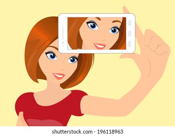 Vector illustration of redhair girl taking a self snapshot. 