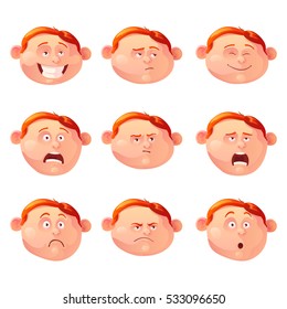 Vector illustration of the red-haired boy and his emotions. Set of different emotions in Cartoon style. Feelings - joy, sadness, hurt, shock, inspiration, anger, sadness.