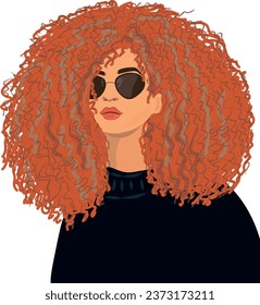 vector illustration of a red-haired, curly-haired girl with glasses