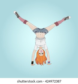 vector illustration of a red-haired girl in acrobatic pose