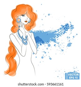 Vector illustration. Red-haired girl in a blue jewelry. A woman model portrait