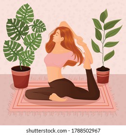 Vektorgrafik eines rothaarigen Mädchens, das zu Hause Yoga macht, auf dem Hintergrund von Blumentöpfen und Blättern. Das Konzept von Yoga, Meditation, Sport, gesunden Lebensstil, Yoga Posen, Asana.