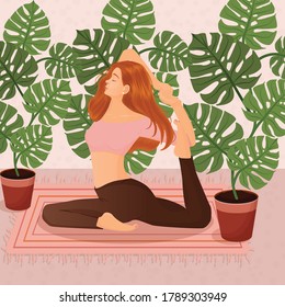 Ilustración vectorial de una chica de cabello rojo haciendo yoga en casa al fondo de macetas con flores y hojas. El concepto de yoga, meditación, deportes, estilo de vida saludable, poses de yoga, asana.
