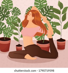 Vector illustration of a red-haired girl doing yoga at home on the background of pots with flowers and leaves. The concept of yoga, meditation, sports, healthy lifestyle, yoga poses, asana.