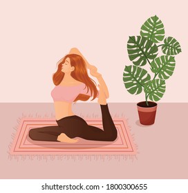 Vector illustration of a red-haired girl doing yoga at home on the background of pots with flowers and leaves. The concept of yoga, meditation, sports, healthy lifestyle, yoga poses, asana.