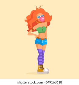 Vector illustration of red-haired girl. Full-length person image.  She is standing and her hand on her waist. Daring and funny clothes. The woman blows a bubble of pink chewing gum
