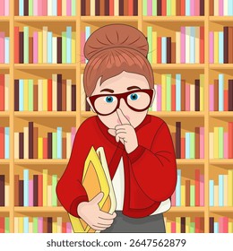 Vector illustration of a red-haired girl with glasses, holding books and placing a finger to her lips for quiet, in front of a bookshelf. Ideal for education or library stock imagery.