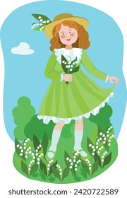 Vector illustration with a red-haired girl in a green dress collecting lilies of the valley in a clearing. Concept of happiness, love and tenderness.