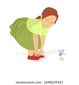 Ilustração vetorial de uma menina de cabelos vermelhos em um vestido verde claro e sapatos vermelhos, curvando-se para admirar uma libélula em uma flor. Ideal para crianças, natureza ou curiosidade imagens de stock.