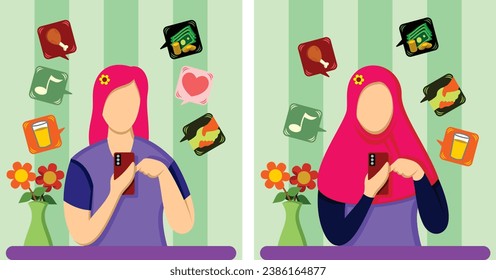 vector, ilustración, pelirrojo, niña, hijab rojo, interactuando, artilugios