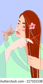 vector illustration of a red-haired girl who combs her hair.