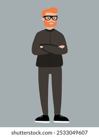 Ilustração vetorial de um homem de cabelos vermelhos com óculos, barba e traje de escritório casual. O personagem está de braços cruzados, oferecendo uma aparência moderna e profissional para projetos de negócios ou design.