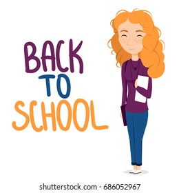 Vector illustration red-haired schoolgirl with bag and papers, back to school