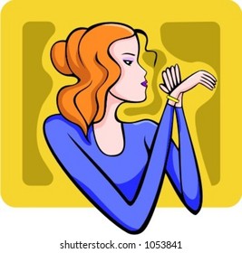 A vector illustration of a red-haired shopping girl trying on a bracelet.