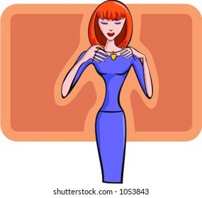 A vector illustration of a red-haired shopping girl trying on a necklace.