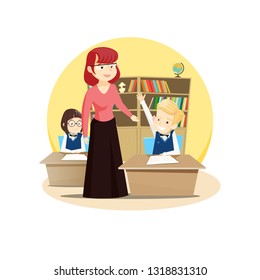 Vector illustration of red-haired teacher leads a class in the classroom, students sit at their desks and want to answer
