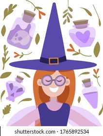 Vector illustration of a red-haired witch with glasses smiling on a dark background among herbs and potions. Illustration in flat style for cards, invitations, banners, posters. Design for halloween