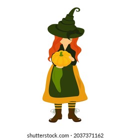 Vector illustration of a red-haired witch in a pointed hat holding a pumpkin isolated on a white background.