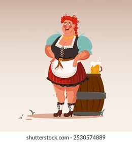 Ilustración vectorial. Mujer pelirroja con vestido tradicional se para con confianza al lado del barril de cerveza. Estilo de arte de dibujos animados. Concepto de comida y bebida, tradiciones, celebración.