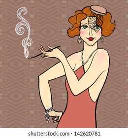 Vector illustration redhead flapper girl  Image for retro costume party invitation  vintage postcard art deco poster  mafia game  jazz epoch  1920s    1930s theme  fashion & hair styles