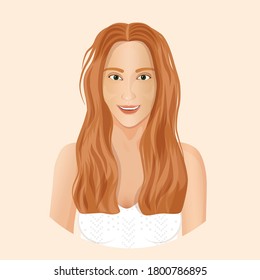 Vector illustration of a redhead girl avatar. Character design concept. Portrait of a young girl on an isolated beige background. Girl illustration for advertisement, banner, website, flyer, postcard