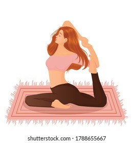 Vector illustration of a redhead girl doing yoga on a carpet on a white background. The concept of yoga, meditation, sports, healthy lifestyle, yoga poses, asana.