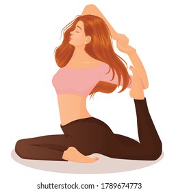 Vector illustration of a redhead girl doing yoga on a white background. The concept of meditation. healthy lifestyle, yoga poses, asana. Stretching workout in sportswear, apartment furniture. Avatar