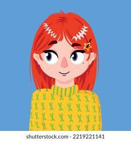 Vector illustration. Redhead girl with freckles. Bright red hair. Cheerful girl. Bright sweater. Hair clip.