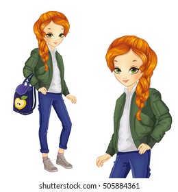 Vector illustration of redhead girl in green jacket holding backpack with apple print