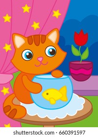 Vector illustration of redhead kitten is played with a fish in an aquarium