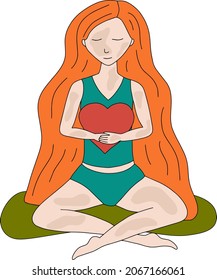 Vector illustration redhead white skin girl with vitiligo. Selflove female sitting in relaxing pose and hugging heartshape pillow