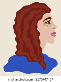 Vector illustration of redhead woman in blue T-shirt isolated on light yellow background.