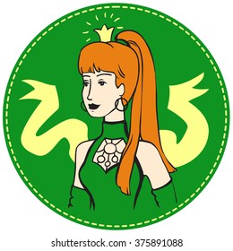 Vector illustration of redhead woman with crown on her head and yellow ribbon