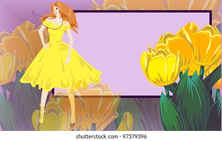vector illustration with redhead women and tulips in spring/summer style with place for text