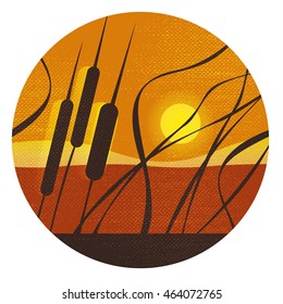 Vector illustration with reeds at sunset, grass-like cattails silhouetted against a summer evening sky.