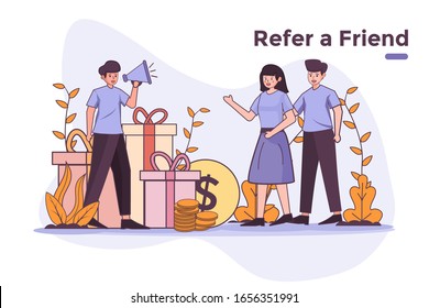 programa de marketing de referencia de ilustraciones vectoriales con referencia a un concepto de amigo. bono de premio de recompensa de referencia. afiliado concepto de marketing. sitio web ui blog post social media página de inicio.