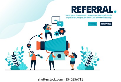 Vector illustration referral program. People join referral programs for marketing and promotion. Refer a friend with megaphone. Designed for landing page, web, banner, mobile, template, flyer, poster