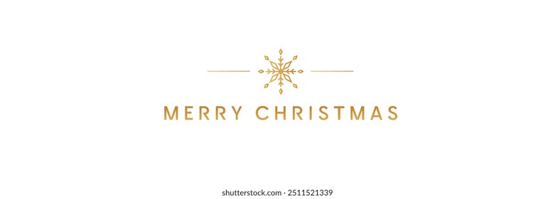 Vector illustration. Refined Merry Christmas design with gold snowflake centerpiece, framed by minimalist lines on white background. Concept of winter holidays celebration. Minimalist design.