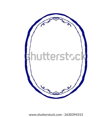 Vector illustration of a refined oval frame with subtle floral curves at the top and bottom. Blue outline sketch perfect for labels, packaging, invitations, branding, and vintage design projects.