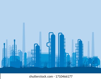 Vector illustration of a refinery silhouette against a blue background.