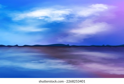 vector illustration reflection of blue sky and white clouds on the lake.