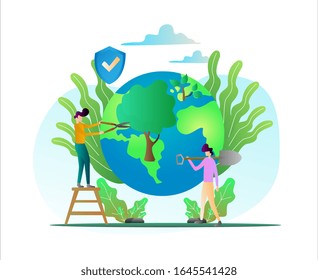 Vector illustration of reforestation. The concept of people planting small flat forests. Environmental agriculture to save the earth. Development of natural care.