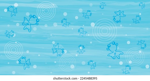 Vector illustration of a refreshing background. Hand Draw gold fish with wave on the surface of the water.  Gold fish wallpaper. Lovely koi carp fish pattern. Relaxing graphic with watercolor texture.