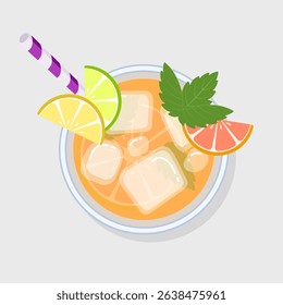 Vector illustration of refreshing cocktail with lemon, lime, orange slices, mint, ice and straw. Top view on restaurant table. Summer refreshing drink. Tasty citrus water. 