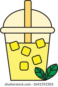 Vector Illustration of Refreshing Cold Yellow Juice with Ice Cubes and Mint Leaves in Takeaway Cup for Summer Drink and Healthy Beverage Concept