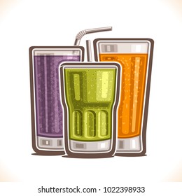 Vector illustration of refreshing Drinks, poster with healthy blueberry water, fresh orange juice with pulp and kiwi spirulina detox smoothie in glass with straw, set of wellness beverages for menu.