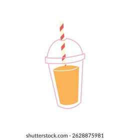 Vector illustration of a refreshing orange juice in takeaway cup with straw. Bright and fun style for summer or food projects. Isolated on white background.