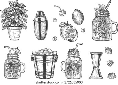 Imagen vectorial de refrescantes cócteles de verano. Herramientas de barman de barra Agitador de aletas, gatillo, cuchara de hielo y menta en una olla. Dibujo de caricatura estilo dibujado a mano.