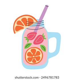 Vector illustration of refreshing summer drink in pitcher with strawberries, orange slices. Cute colorful flat design. Lemonade, mocktail or cocktail with drinking straw icon. Cold beverage for party